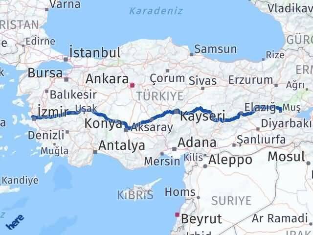 Muş Çiğli İzmir Arası Kaç Km - Yol Haritası