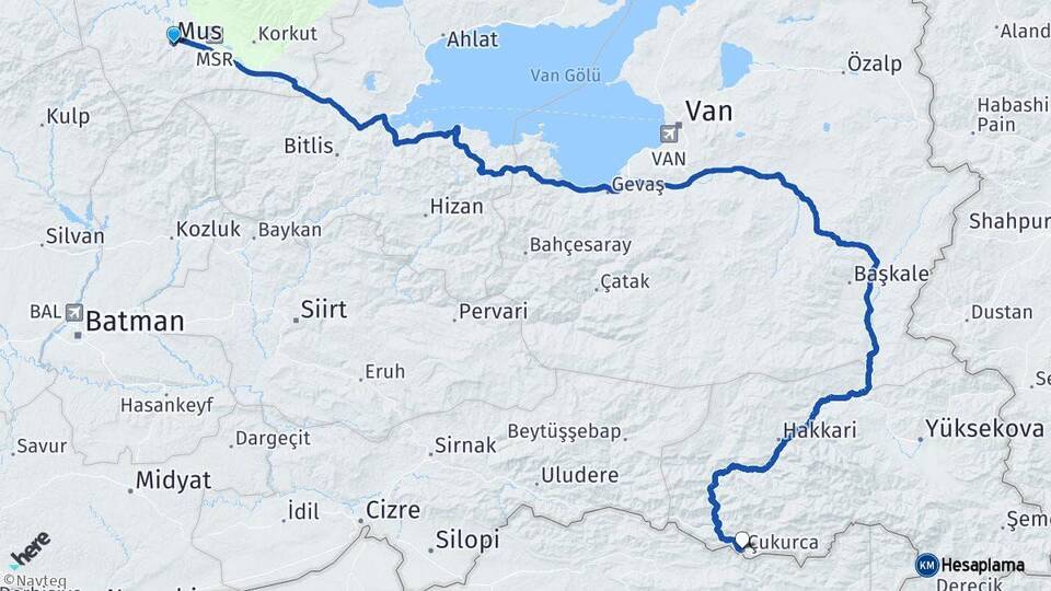 Muş Çukurca Hakkari Arası Kaç Km - Yol Haritası