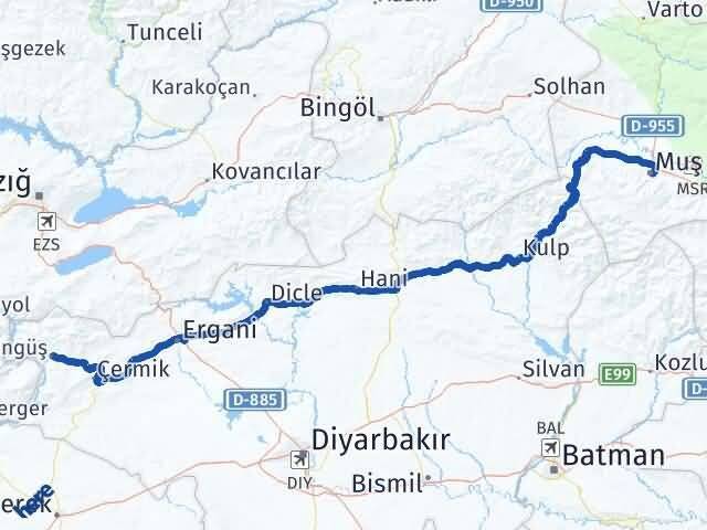 Muş Çüngüş Diyarbakır Arası Kaç Km - Yol Haritası