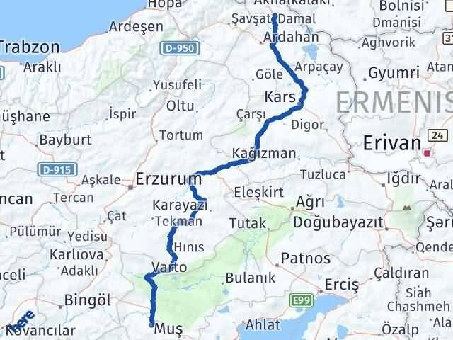 Muş Damal Ardahan Arası Kaç Km - Yol Haritası