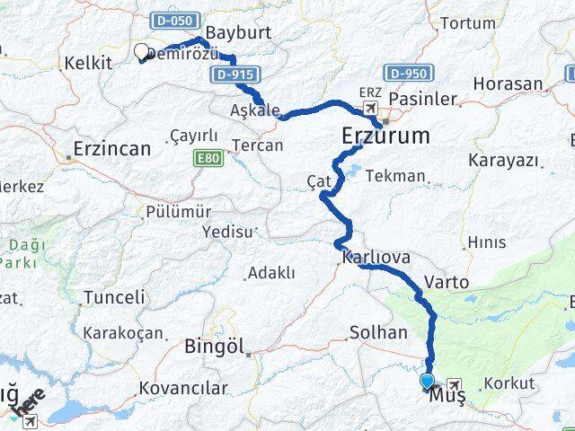 Muş Demirözü Bayburt Arası Kaç Km - Yol Haritası