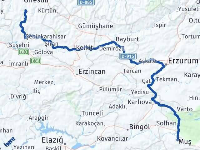 Muş Dereli Giresun Arası Kaç Km - Yol Haritası