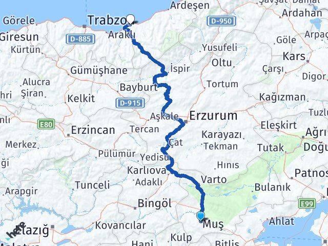 Muş Derepazarı Rize Arası Kaç Km - Yol Haritası