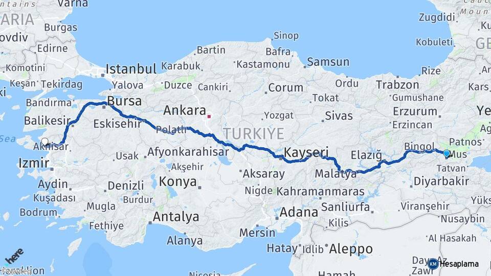 Muş Dikili İzmir Arası Kaç Km - Yol Haritası