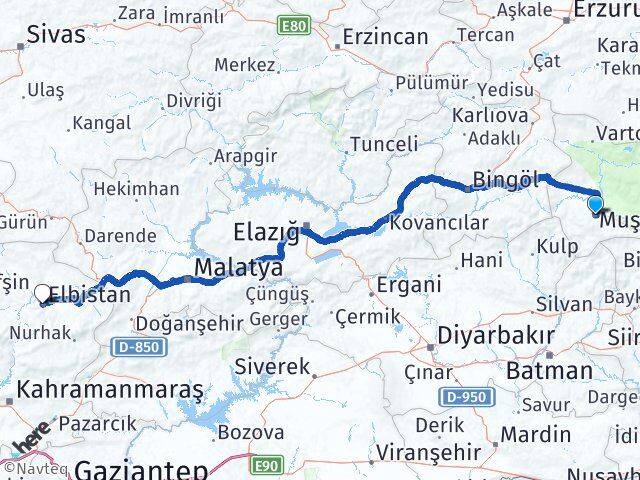 Muş Elbistan Kahramanmaraş Arası Kaç Km - Yol Haritası