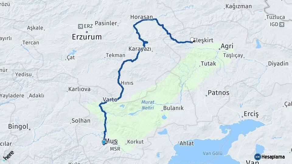 Muş Eleşkirt Ağrı Arası Kaç Km - Yol Haritası