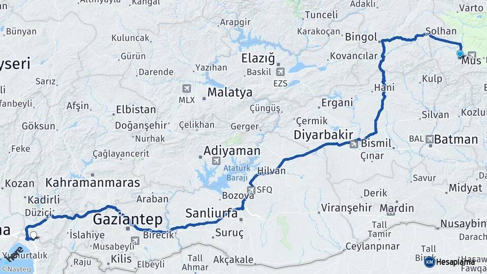 Muş Erzin Hatay Arası Kaç Km - Yol Haritası