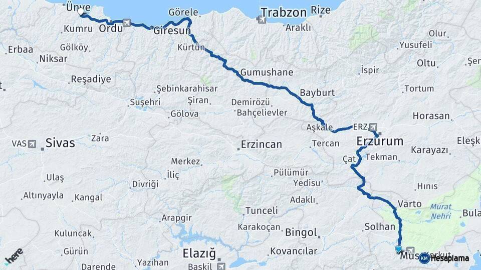 Muş Fatsa Ordu Arası Kaç Km - Yol Haritası