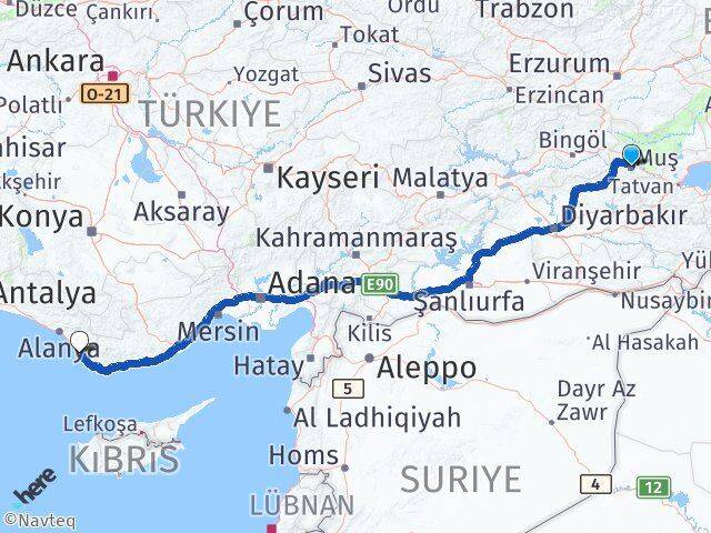 Muş Gazipaşa Antalya Arası Kaç Km - Yol Haritası