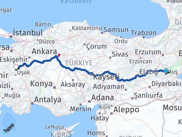 Muş Gediz Kütahya Arası Kaç Km - Yol Haritası