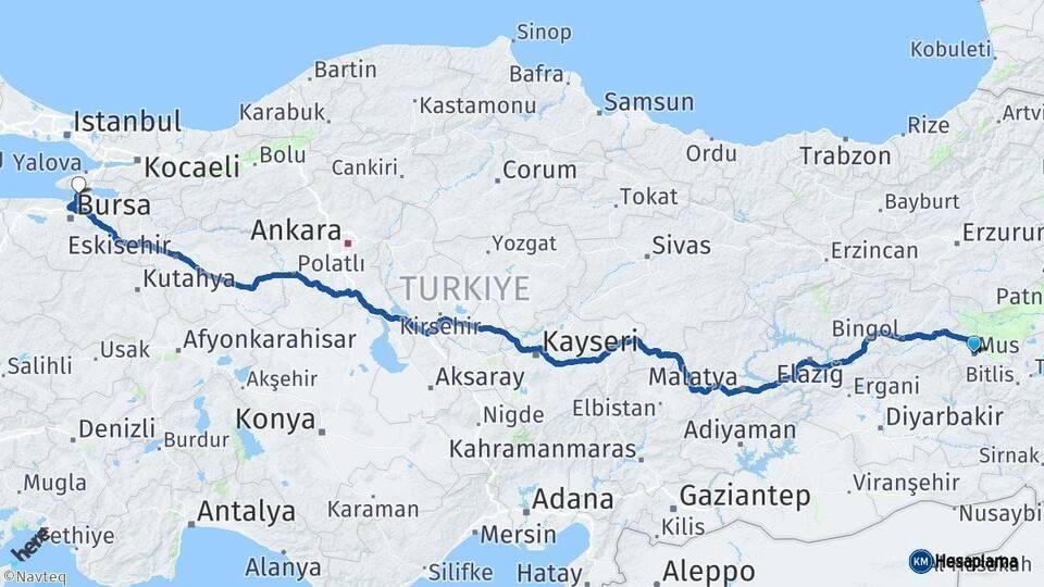 Muş Gemlik Bursa Arası Kaç Km - Yol Haritası