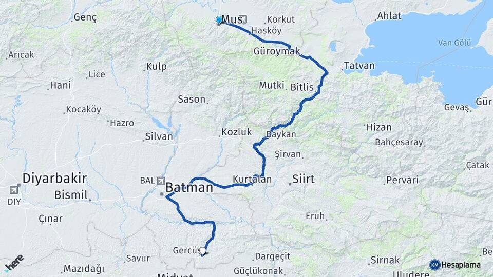 Muş Gercüş Batman Arası Kaç Km - Yol Haritası