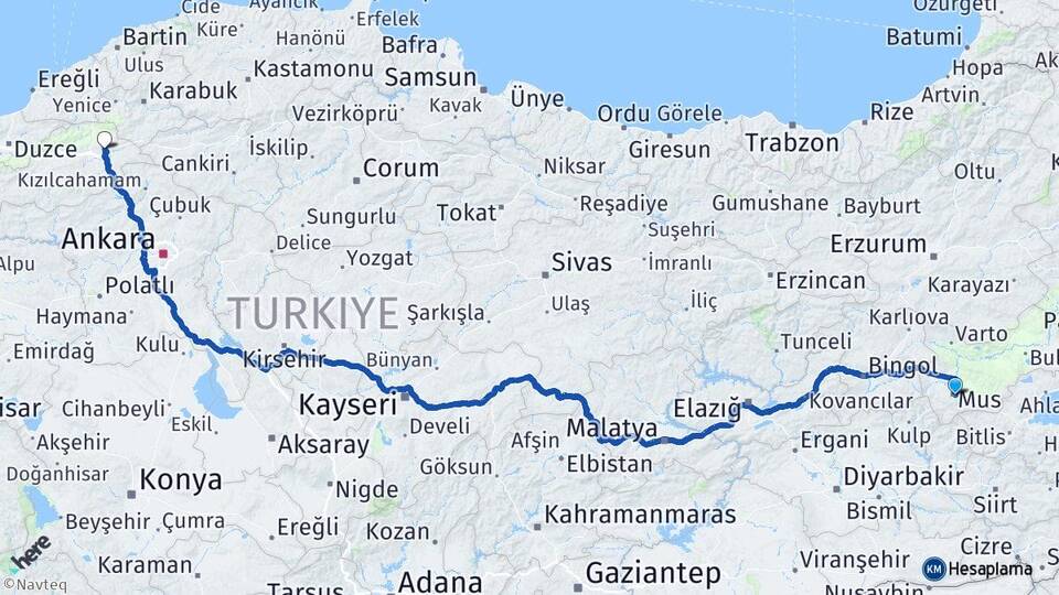 Muş Gerede Bolu Arası Kaç Km - Yol Haritası