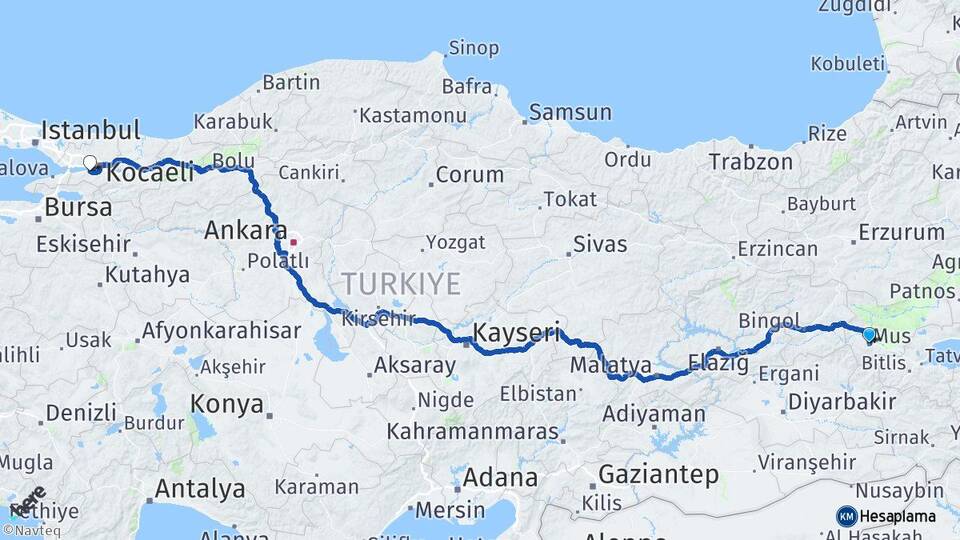 Muş Gölcük Kocaeli Arası Kaç Km - Yol Haritası