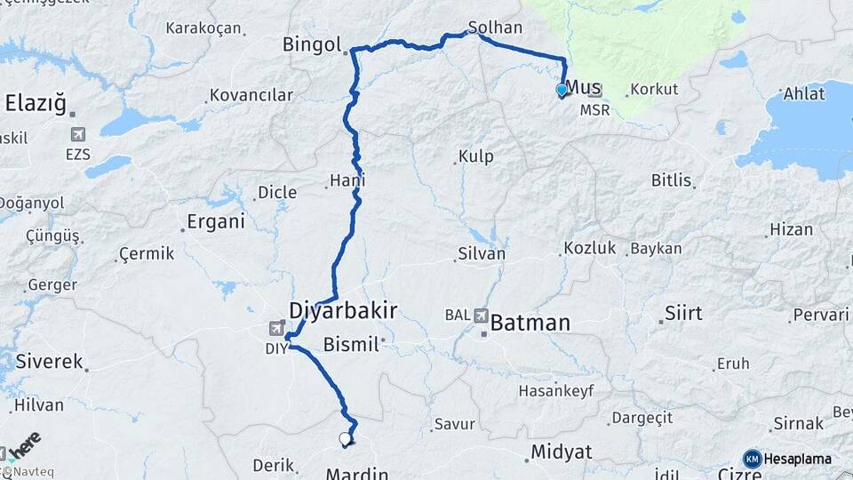 Muş Gündoğan Mazıdağı Mardin Arası Kaç Km - Yol Haritası