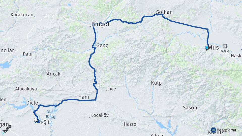 Muş Gündoğuran Eğil Diyarbakır Arası Kaç Km - Yol Haritası