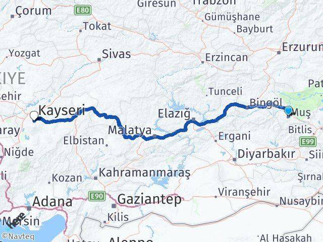 Muş Hacılar Kayseri Arası Kaç Km - Yol Haritası