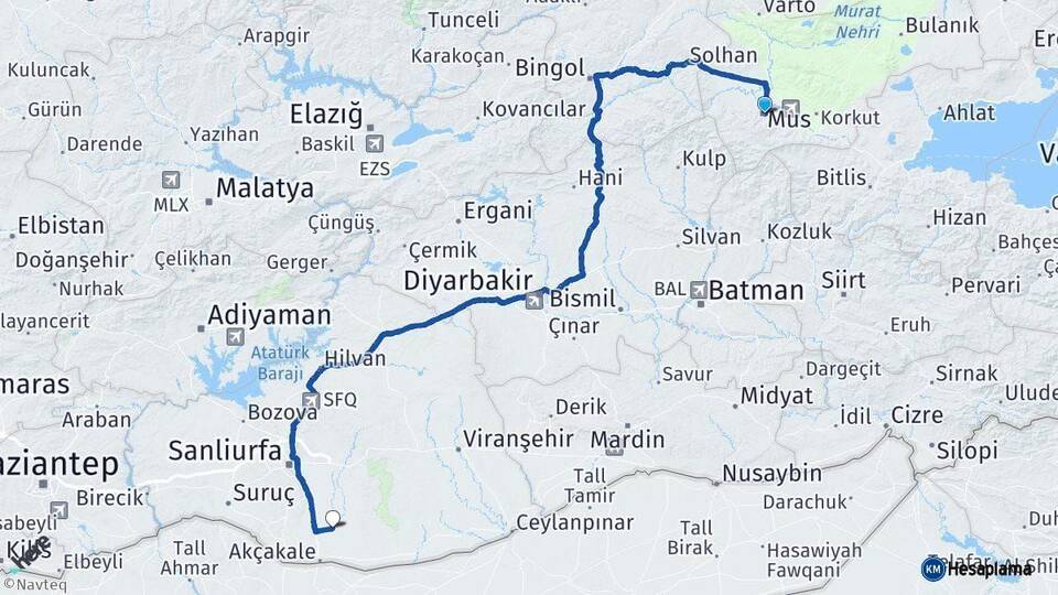 Muş Harran Şanlıurfa Arası Kaç Km - Yol Haritası