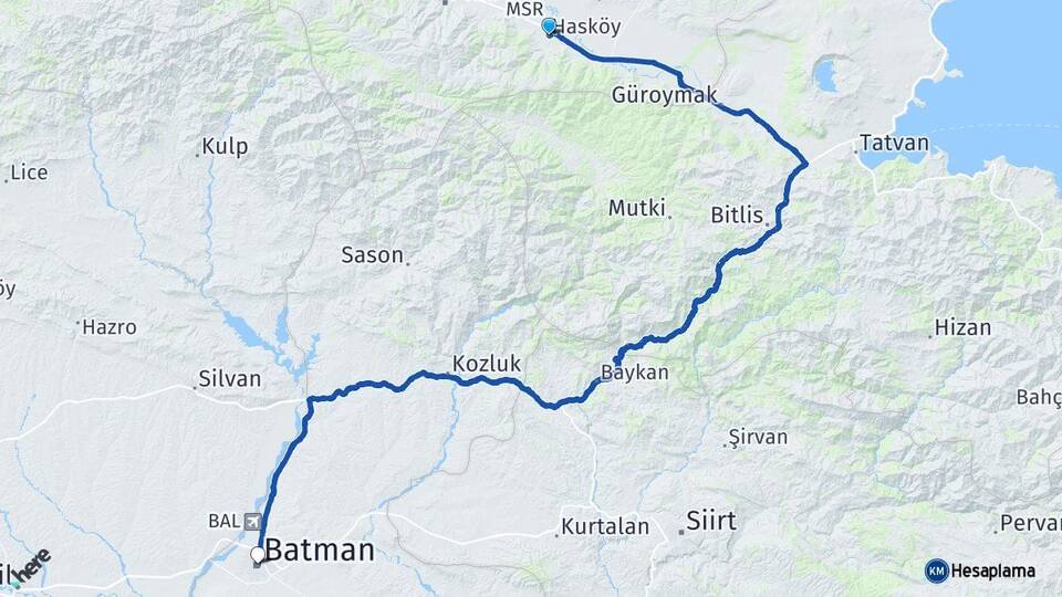 Muş Hasköy Batman Arası Kaç Km - Yol Haritası