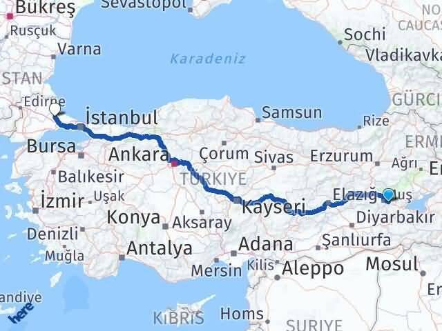 Muş Hasköy Büyükyoncalı Saray Tekirdağ Arası Kaç Km - Yol Haritası