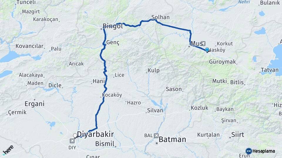 Muş Hasköy Diyarbakır Arası Kaç Km - Yol Haritası