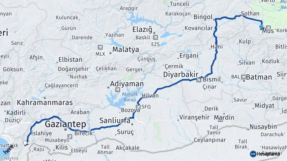 Muş Hassa Hatay Arası Kaç Km - Yol Haritası
