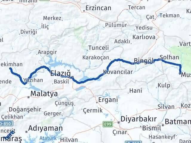 Muş Hekimhan Malatya Arası Kaç Km - Yol Haritası