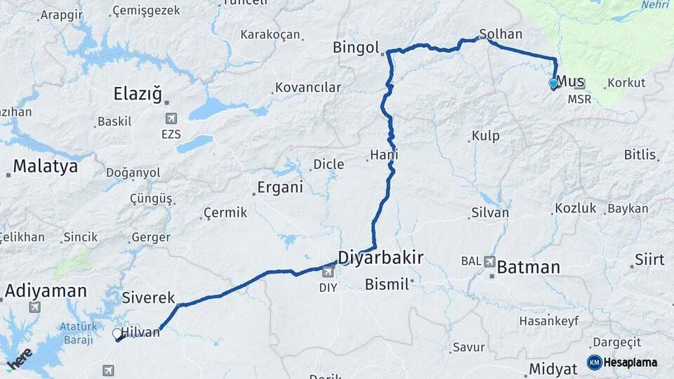 Muş Hilvan Şanlıurfa Arası Kaç Km - Yol Haritası