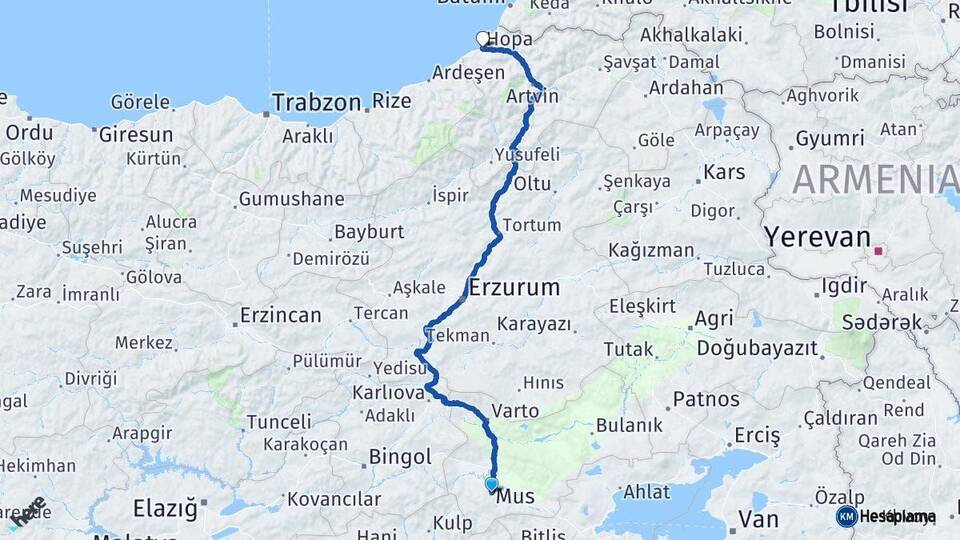 Muş Hopa Artvin Arası Kaç Km - Yol Haritası