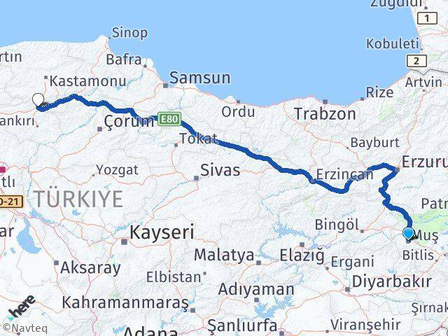 Muş Ilgaz Çankırı Arası Kaç Km - Yol Haritası