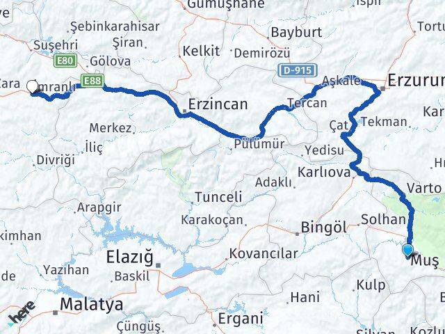 Muş İmranlı Sivas Arası Kaç Km - Yol Haritası