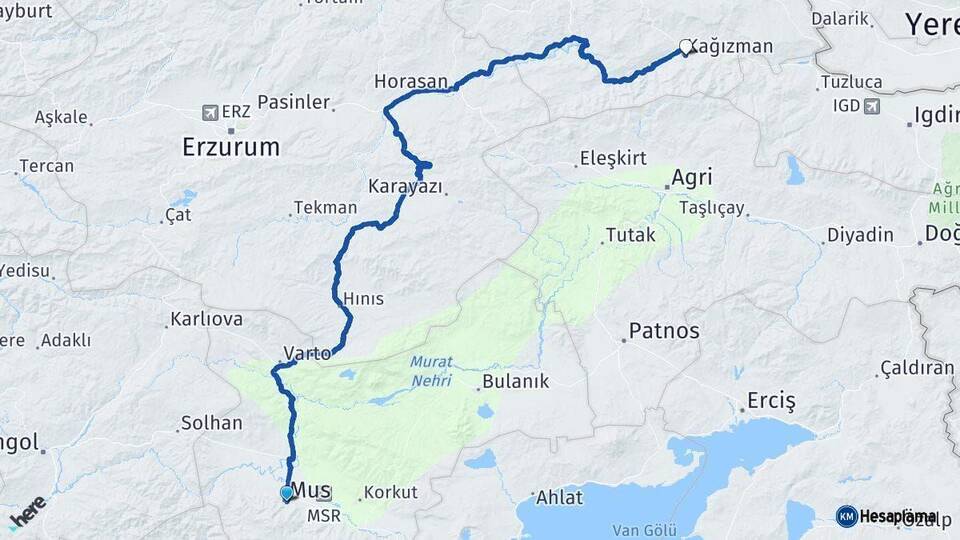 Muş Kağızman Kars Arası Kaç Km - Yol Haritası