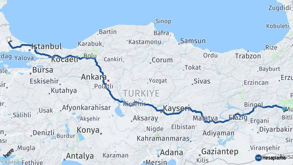 Muş Kapaklı Tekirdağ Arası Kaç Km - Yol Haritası
