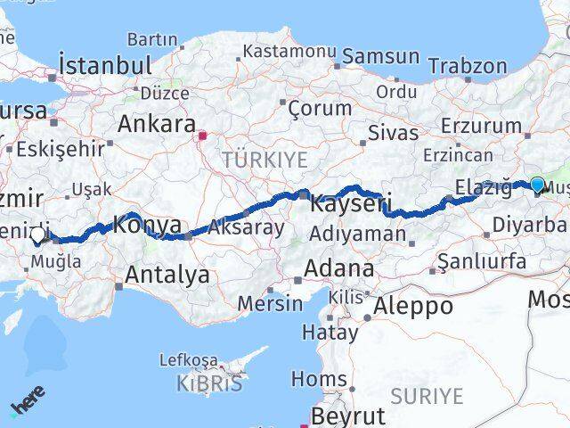 Muş Karacasu Aydın Arası Kaç Km - Yol Haritası