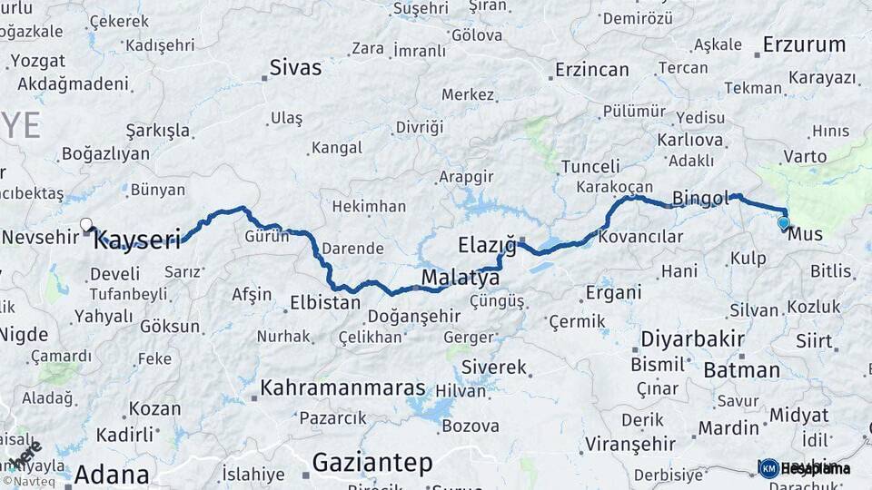 Muş Kayseri Arası Kaç Km - Yol Haritası