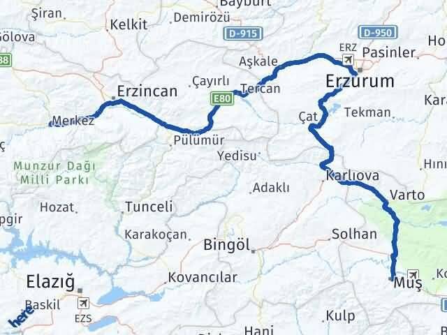 Muş Kemah Erzincan Arası Kaç Km - Yol Haritası