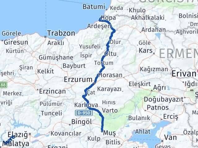 Muş Kemalpaşa Artvin Arası Kaç Km - Yol Haritası