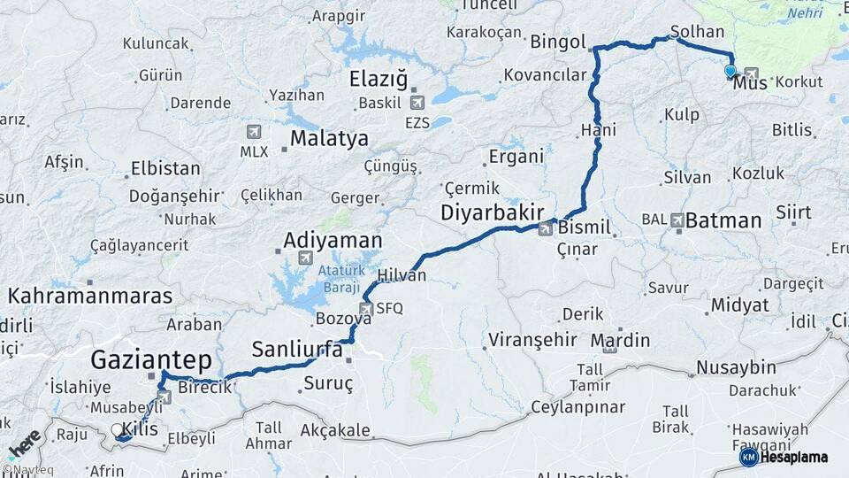 Muş Kilis Arası Kaç Km - Yol Haritası