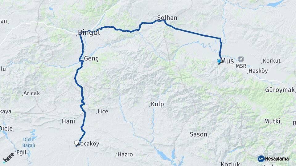 Muş Kocaköy Diyarbakır Arası Kaç Km - Yol Haritası