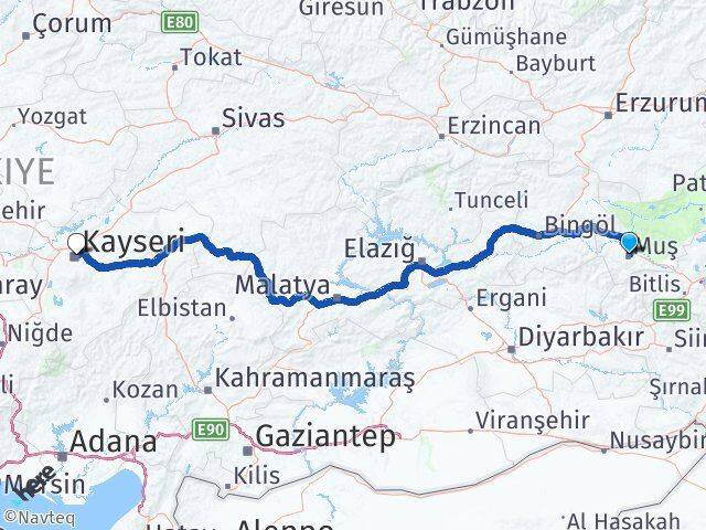 Muş Kocasinan Kayseri Arası Kaç Km - Yol Haritası
