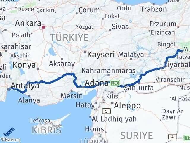 Muş Konyaaltı Antalya Arası Kaç Km - Yol Haritası