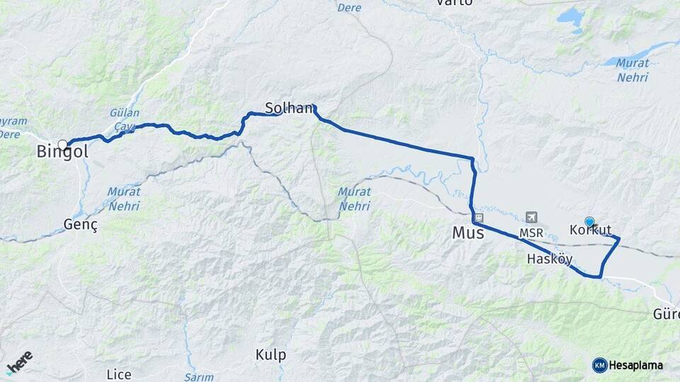Muş Korkut Bingöl Arası Kaç Km - Yol Haritası