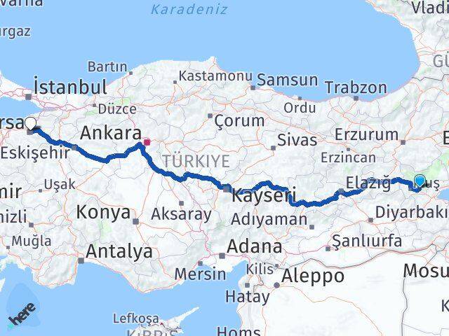 Muş Korkut Bursa Arası Kaç Km - Yol Haritası