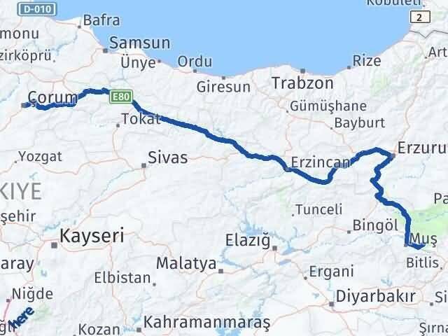 Muş Korkut Çorum Arası Kaç Km - Yol Haritası