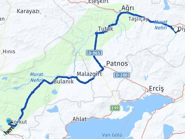 Muş Korkut Diyadin Ağrı Arası Kaç Km - Yol Haritası