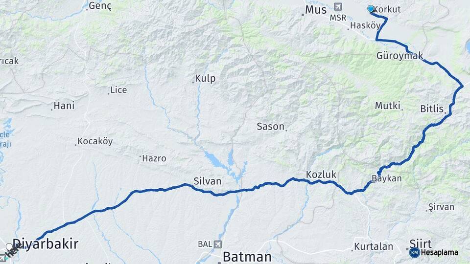 Muş Korkut Diyarbakır Arası Kaç Km - Yol Haritası