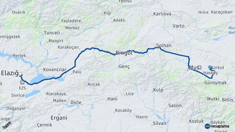 Muş Korkut Elazığ Arası Kaç Km - Yol Haritası