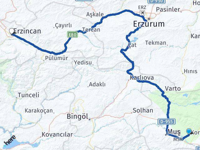 Muş Korkut Erzincan Arası Kaç Km - Yol Haritası