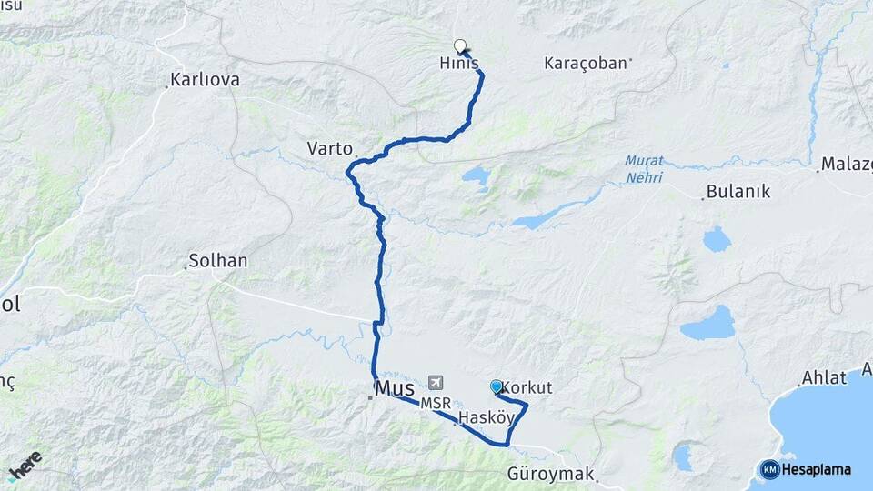 Muş Korkut Hınıs Erzurum Arası Kaç Km - Yol Haritası