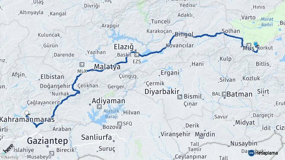 Muş Korkut Kahramanmaraş Arası Kaç Km - Yol Haritası